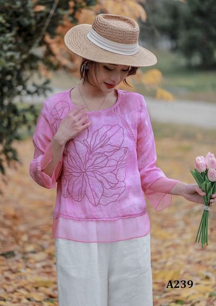  A239-Áo Ramie Thêu Hoa Đại Phối Lưới 