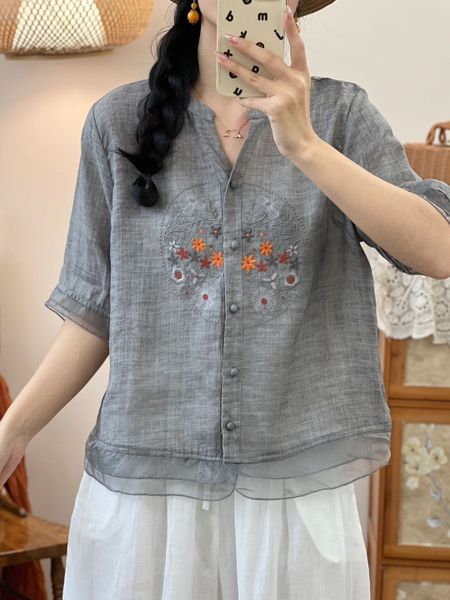  A255-Áo Ramie Thêu Hoa Viền Tròn 