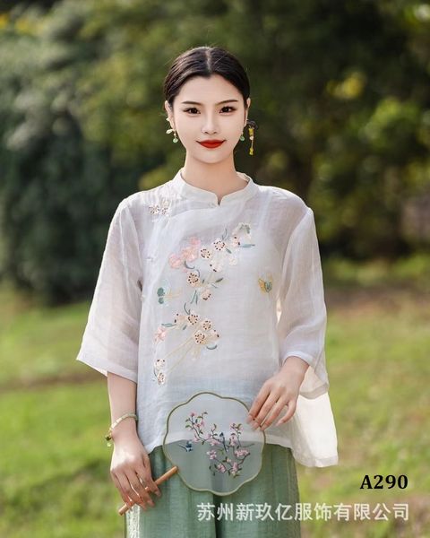  A290-Áo Ramie Thêu Hoa Cổ Lãnh Tụ 