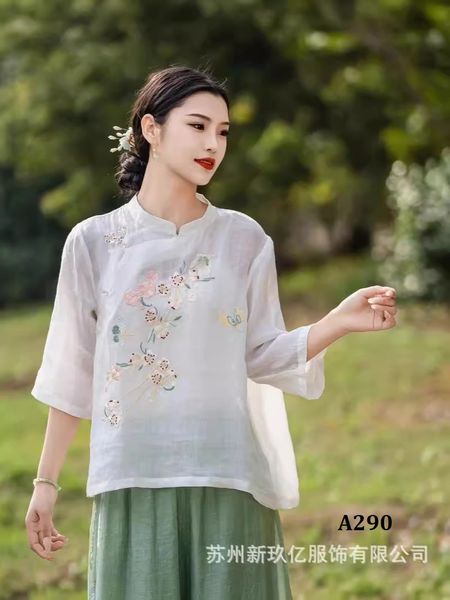  A290-Áo Ramie Thêu Hoa Cổ Lãnh Tụ 