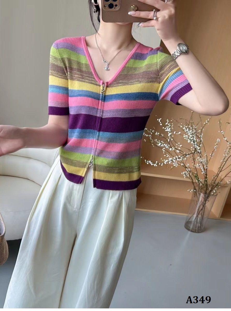  A349-Áo Len Sắc Màu Cầu Vồng Tay Ngắn Khóa Kéo 