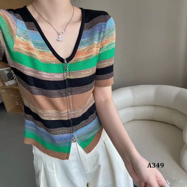  A349-Áo Len Sắc Màu Cầu Vồng Tay Ngắn Khóa Kéo 