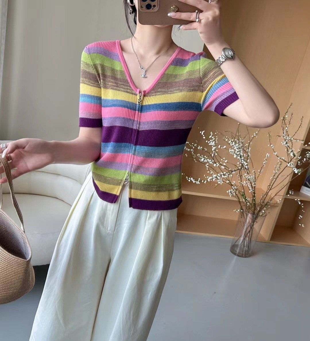  A349-Áo Len Sắc Màu Cầu Vồng Tay Ngắn Khóa Kéo 