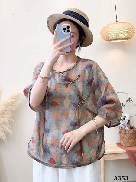  A353-Áo Ramie Nút Gài Họa Tiết Nghệ Thuật 