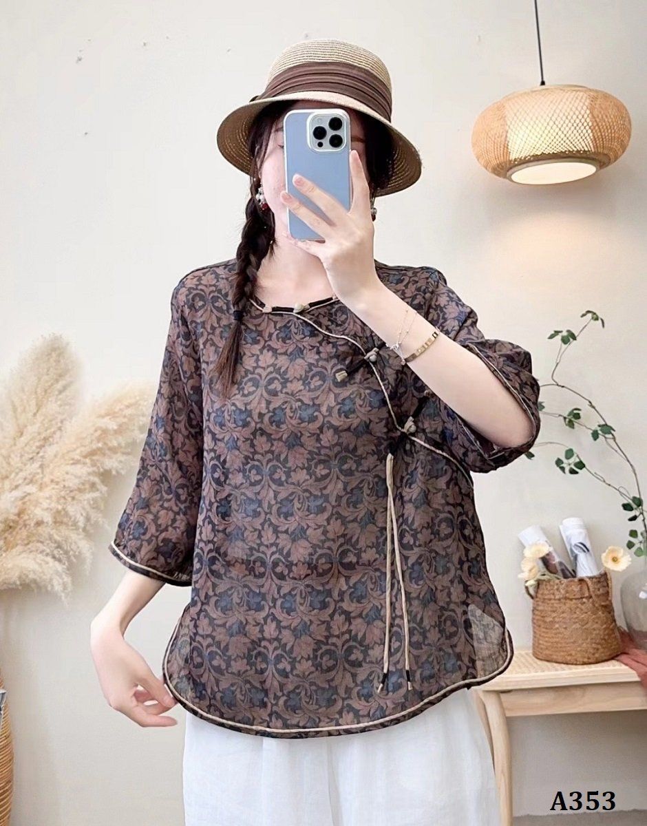  A353-Áo Ramie Nút Gài Họa Tiết Nghệ Thuật 