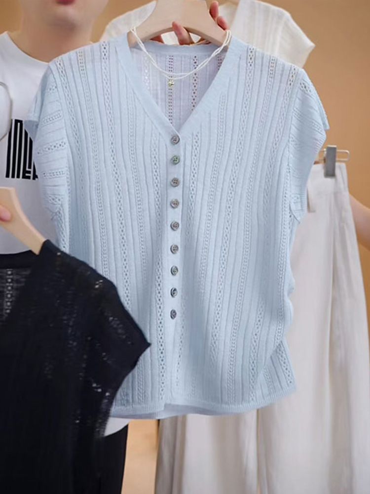  A356-Áo Len Lụa Băng Cổ V Hollow Thoáng Mát 