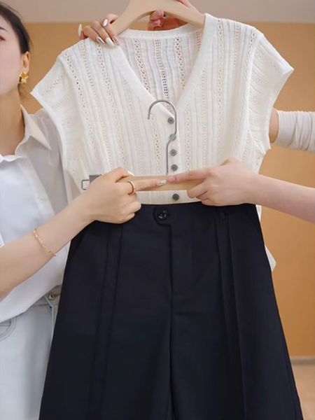  A356-Áo Len Lụa Băng Cổ V Hollow Thoáng Mát 