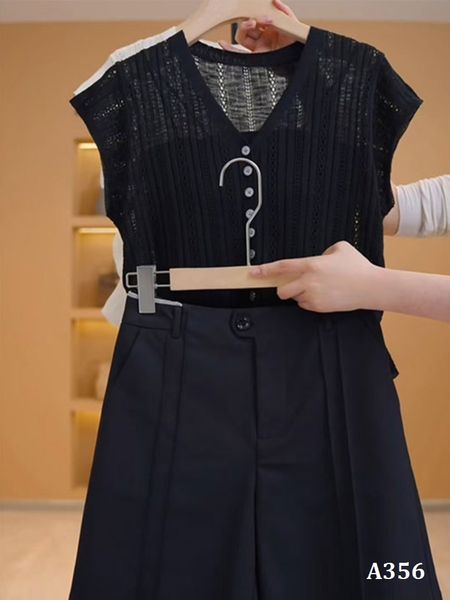  A356-Áo Len Lụa Băng Cổ V Hollow Thoáng Mát 