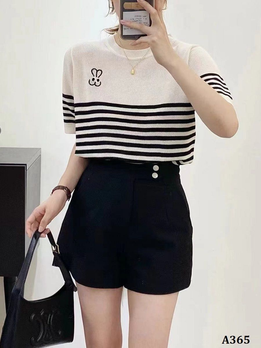  A365-Áo Len Lụa Thêu Thỏ Kẻ Sọc 