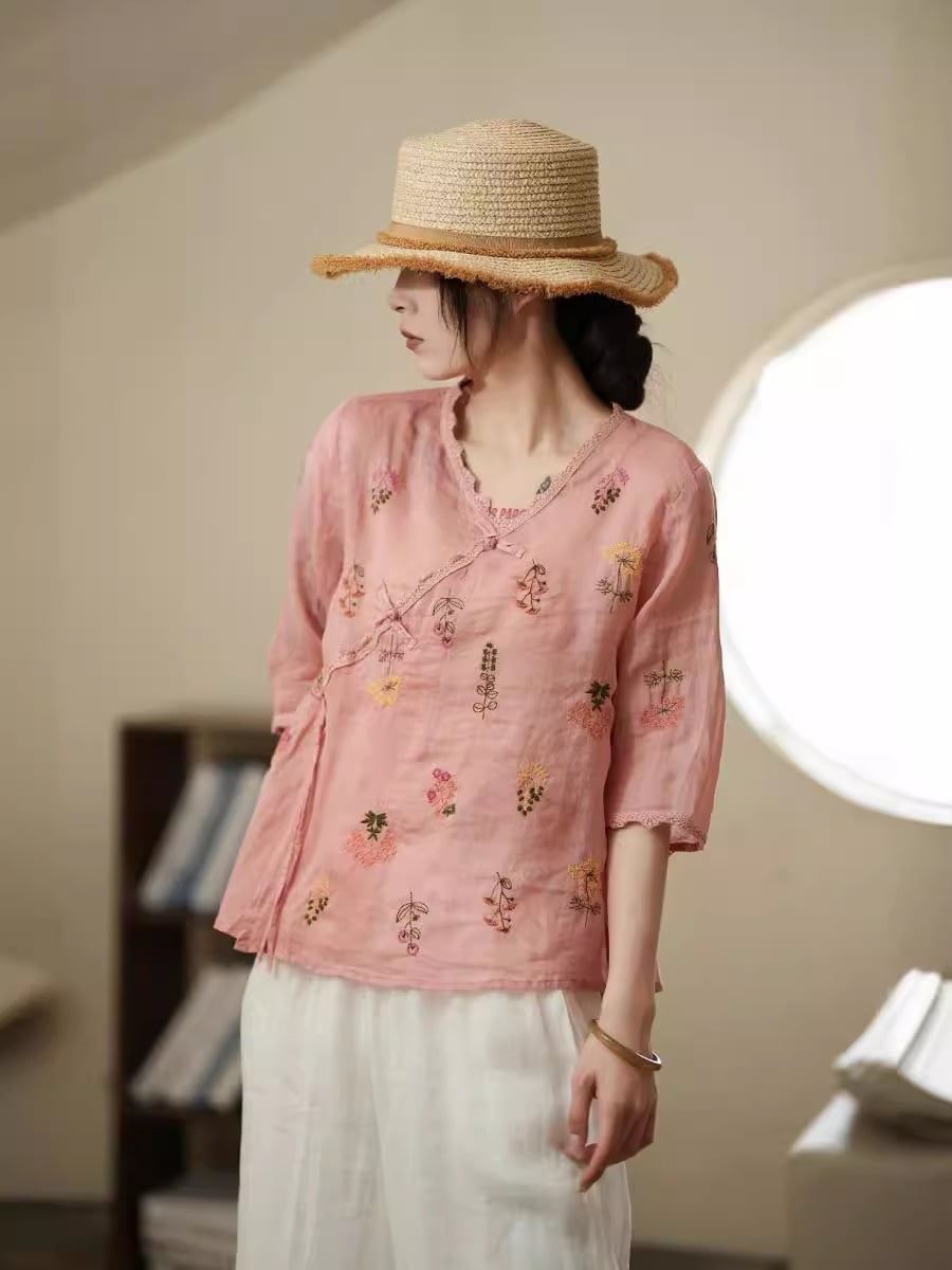  A369-Áo Ramie Cổ V Viền Ren Thêu Hoa 