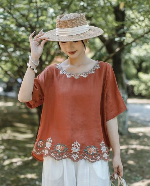  A371-Áo Ramie Cổ Tròn Thêu Nghệ Thuật 