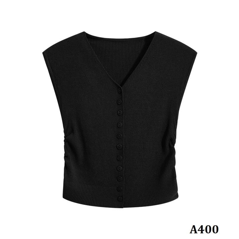 A400-Áo Len Lụa Băng Cổ V Nhiều Nút Rút Eo 