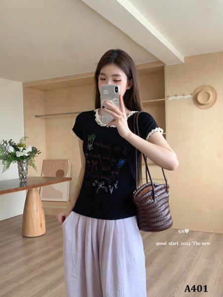  A401-Áo Len Lụa Băng Cổ Viền Họa Tiết Cổ Điển Kiểu Pháp 