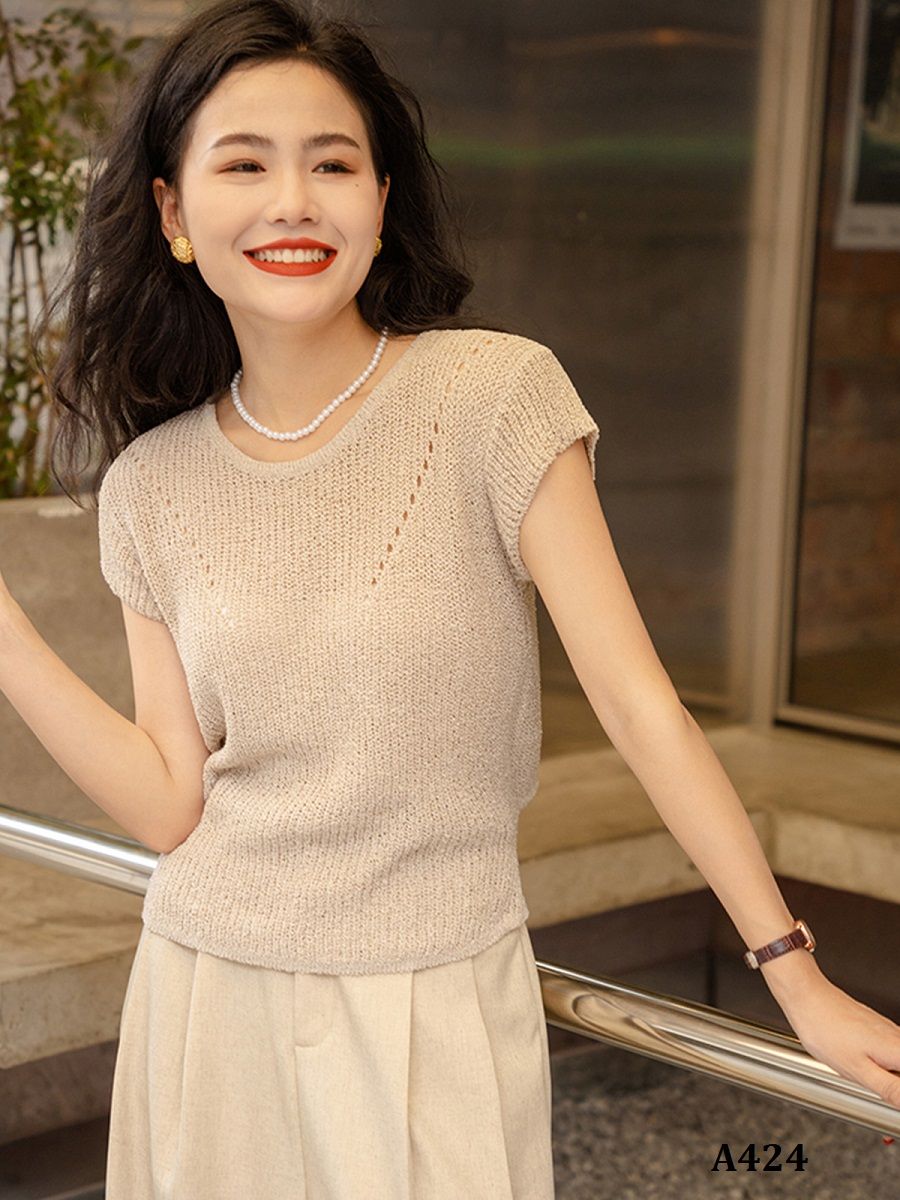  A424-Áo Len Lụa Băng Dệt V Cột Dây Lưng 