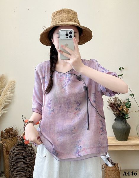  A446-Áo Ramie Nút Tua Rua Họa Tiết Nghệ Thuật 