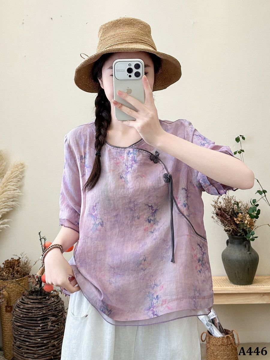  A446-Áo Ramie Nút Tua Rua Họa Tiết Nghệ Thuật 