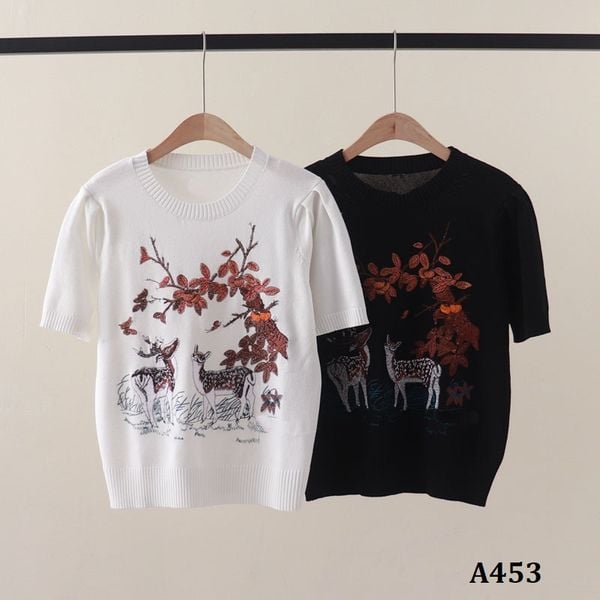  A453-Áo Len Dệt Thêu Hoa Mận Hươu Nai 