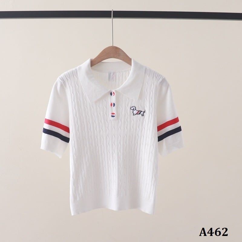 A462-Áo Len Dệt Kim Ngắn Tay Có Sọc Cổ Polo 