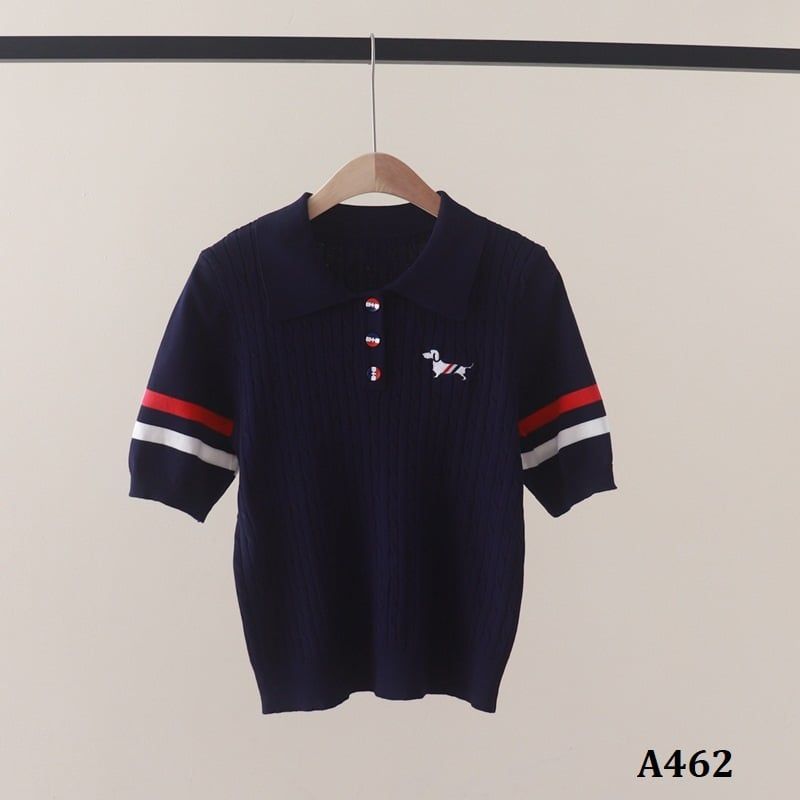  A462-Áo Len Dệt Kim Ngắn Tay Có Sọc Cổ Polo 