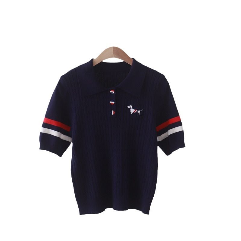  A462-Áo Len Dệt Kim Ngắn Tay Có Sọc Cổ Polo 
