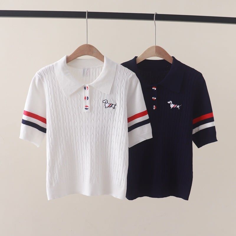  A462-Áo Len Dệt Kim Ngắn Tay Có Sọc Cổ Polo 