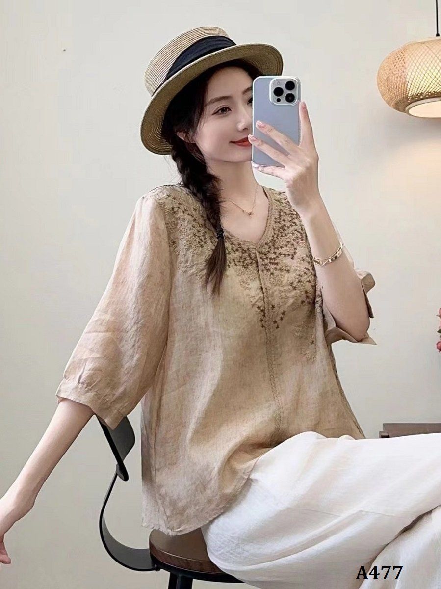  A477-Áo Ramie Cổ V Ren Thêu Nghệ Thuật 