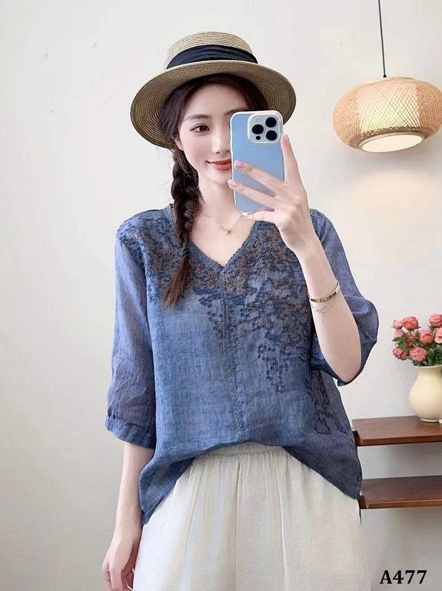  A477-Áo Ramie Cổ V Ren Thêu Nghệ Thuật 