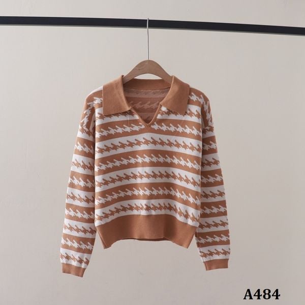  A484-Áo Len Lụa Dài Tay Cổ Polo Houndstooth 
