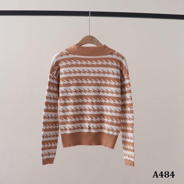  A484-Áo Len Lụa Dài Tay Cổ Polo Houndstooth 