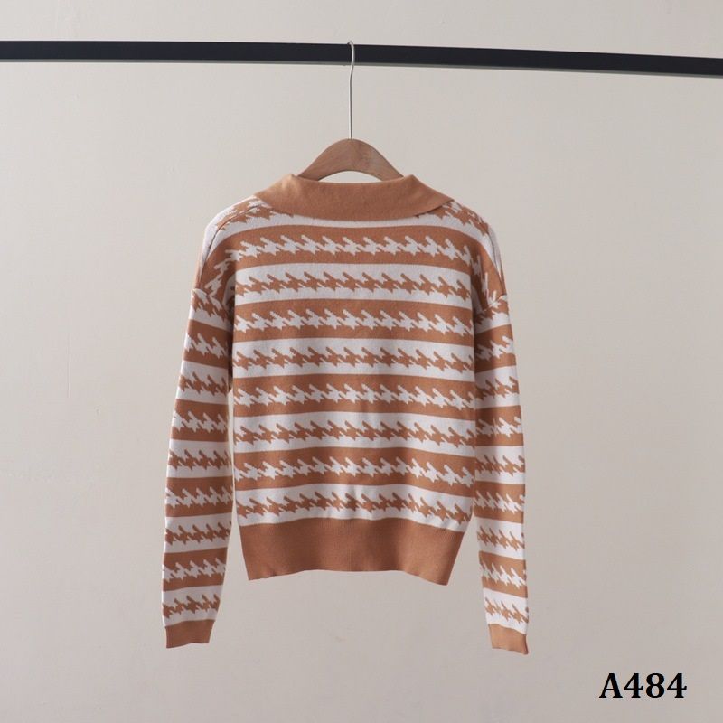  A484-Áo Len Lụa Dài Tay Cổ Polo Houndstooth 