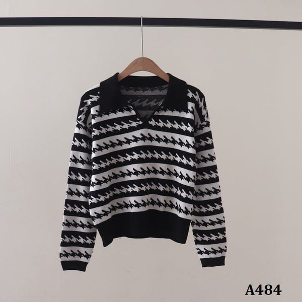  A484-Áo Len Lụa Dài Tay Cổ Polo Houndstooth 