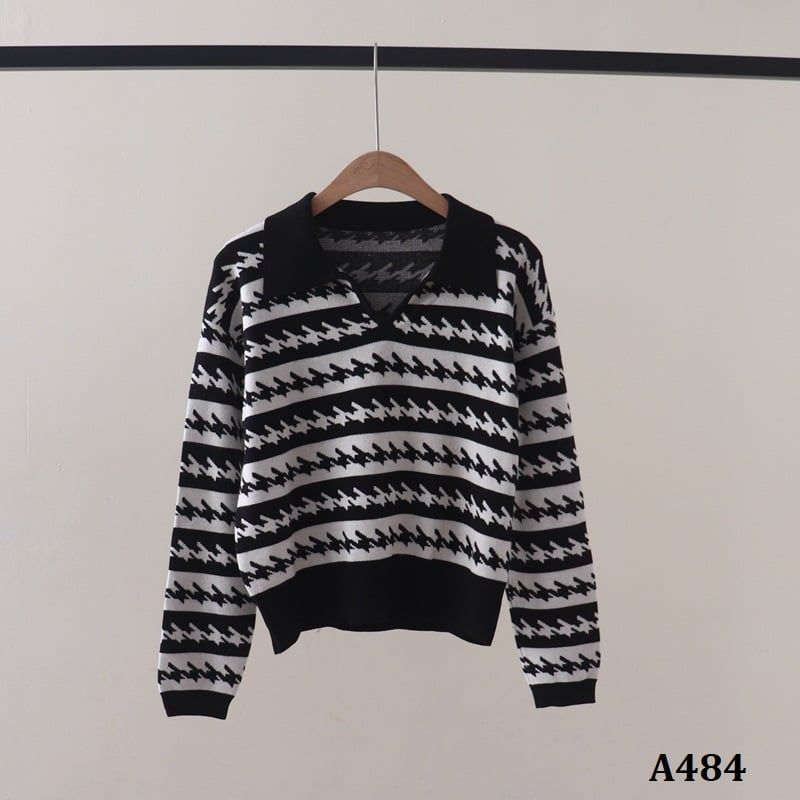  A484-Áo Len Lụa Dài Tay Cổ Polo Houndstooth 