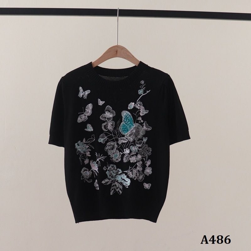  A486-Áo Len Lụa Thêu Bướm Hoa 