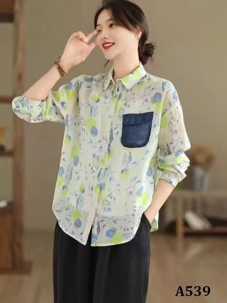  A539-Áo Ramie Phối Túi Nghệ Thuật 
