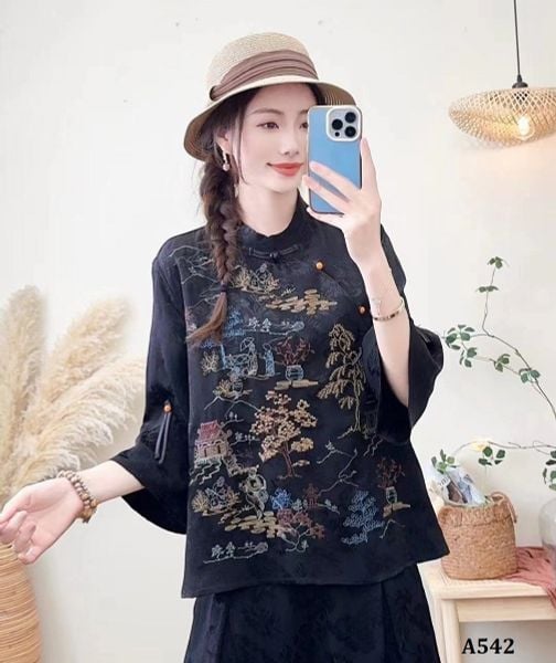  A542-Áo Ramie Lụa Thêu Phong Cảnh 