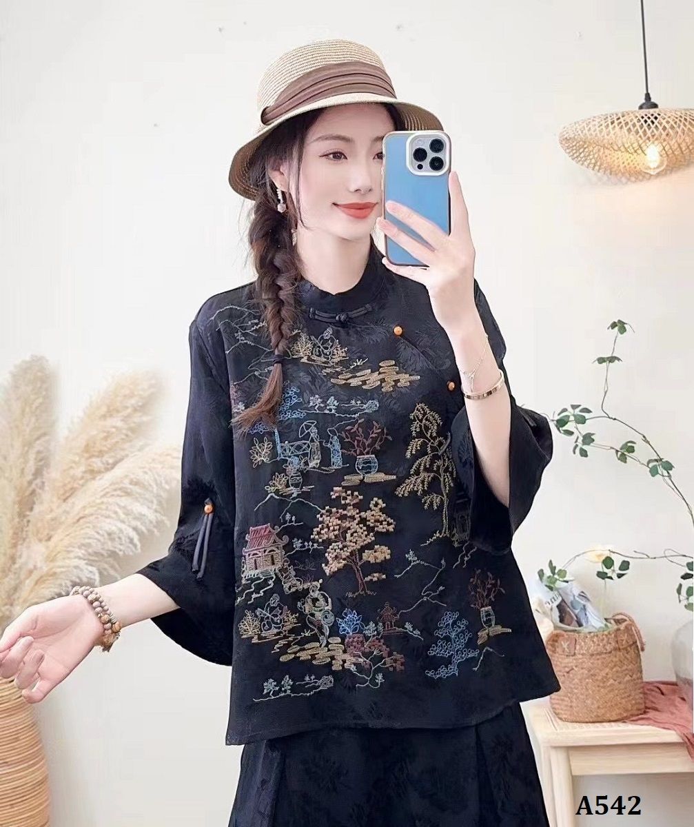  A542-Áo Ramie Lụa Thêu Phong Cảnh 