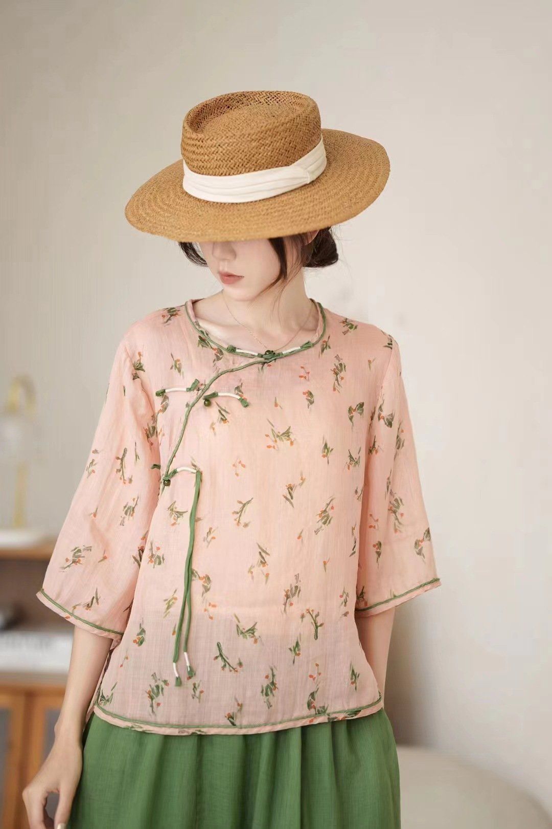  A545-Áo Ramie Họa Tiết Cổ Điển 