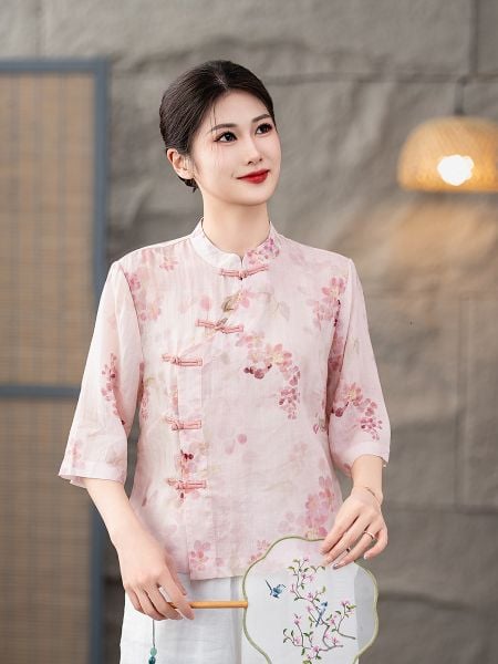  A551-Áo Ramie Hoa Lá Nút Kết 