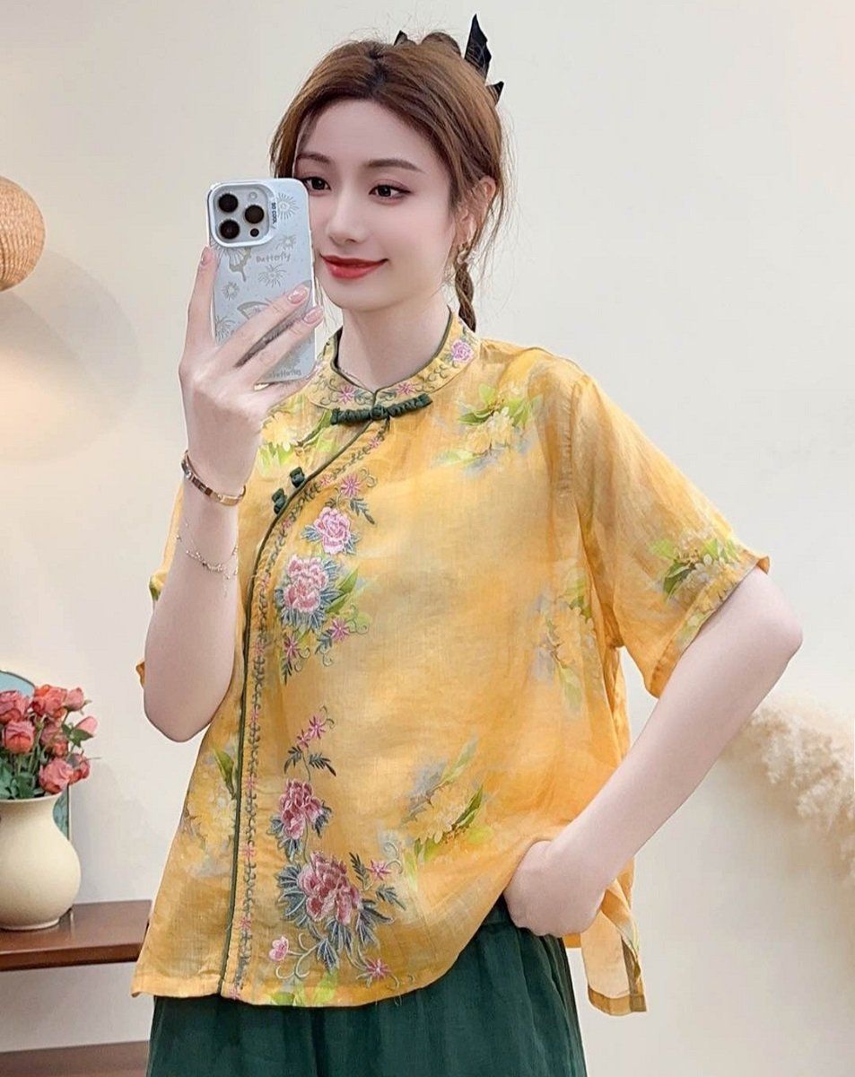  A554-Áo Ramie Thêu Hoa Viền Nút Xiên 