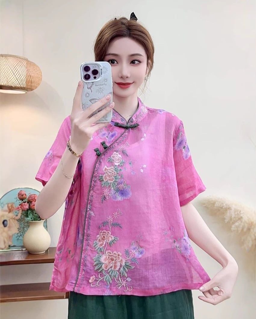  A554-Áo Ramie Thêu Hoa Viền Nút Xiên 