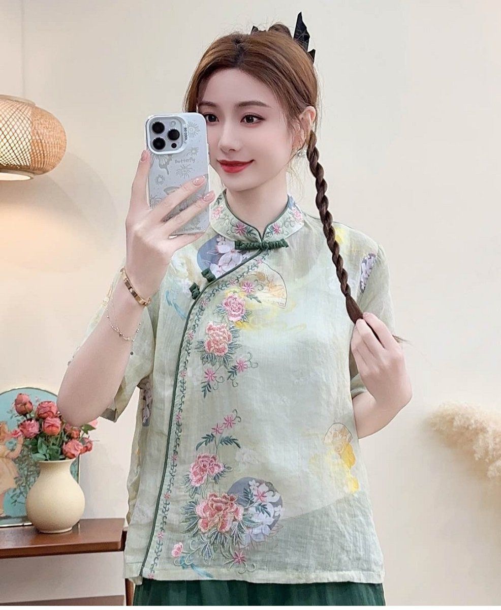  A554-Áo Ramie Thêu Hoa Viền Nút Xiên 