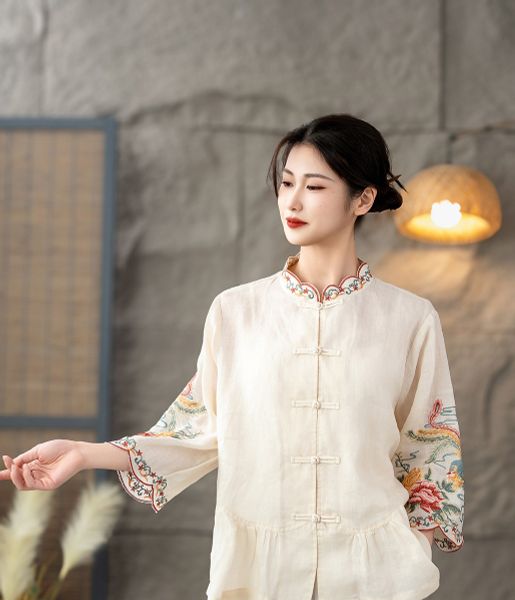  A555-Áo Ramie Thêu Phượng Hoàng Hoa Mây 