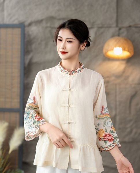  A555-Áo Ramie Thêu Phượng Hoàng Hoa Mây 