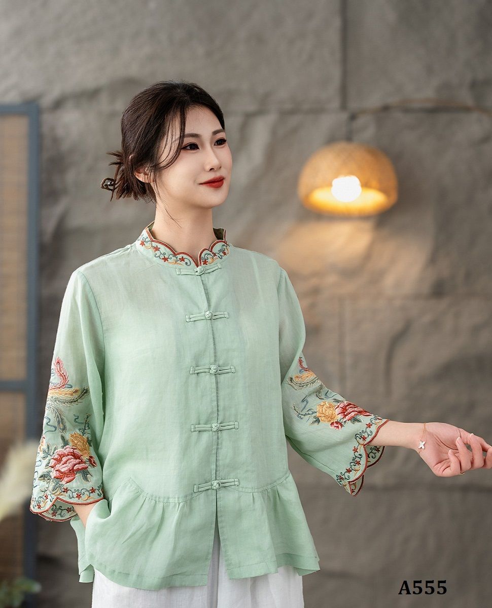  A555-Áo Ramie Thêu Phượng Hoàng Hoa Mây 