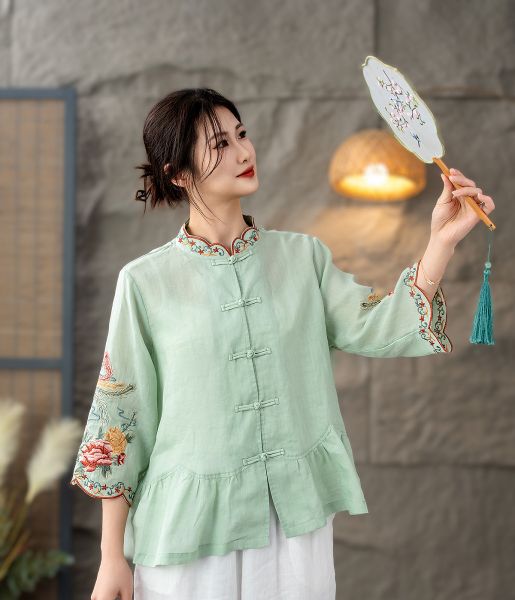  A555-Áo Ramie Thêu Phượng Hoàng Hoa Mây 