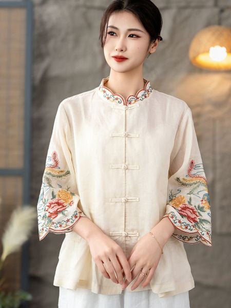  A555-Áo Ramie Thêu Phượng Hoàng Hoa Mây 