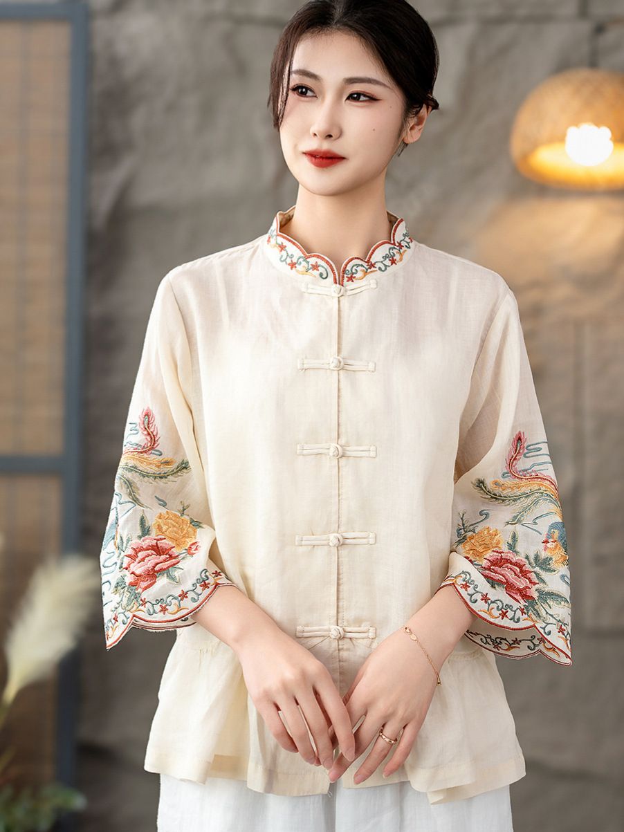  A555-Áo Ramie Thêu Phượng Hoàng Hoa Mây 