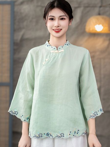  A557-Áo Ramie Thêu Viền 
