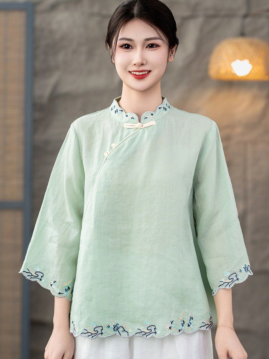  A557-Áo Ramie Thêu Viền 