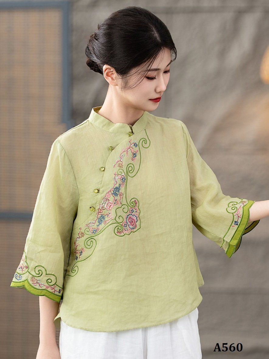  A560-Áo Ramie Cổ Đứng Thêu Nghệ Thuật 